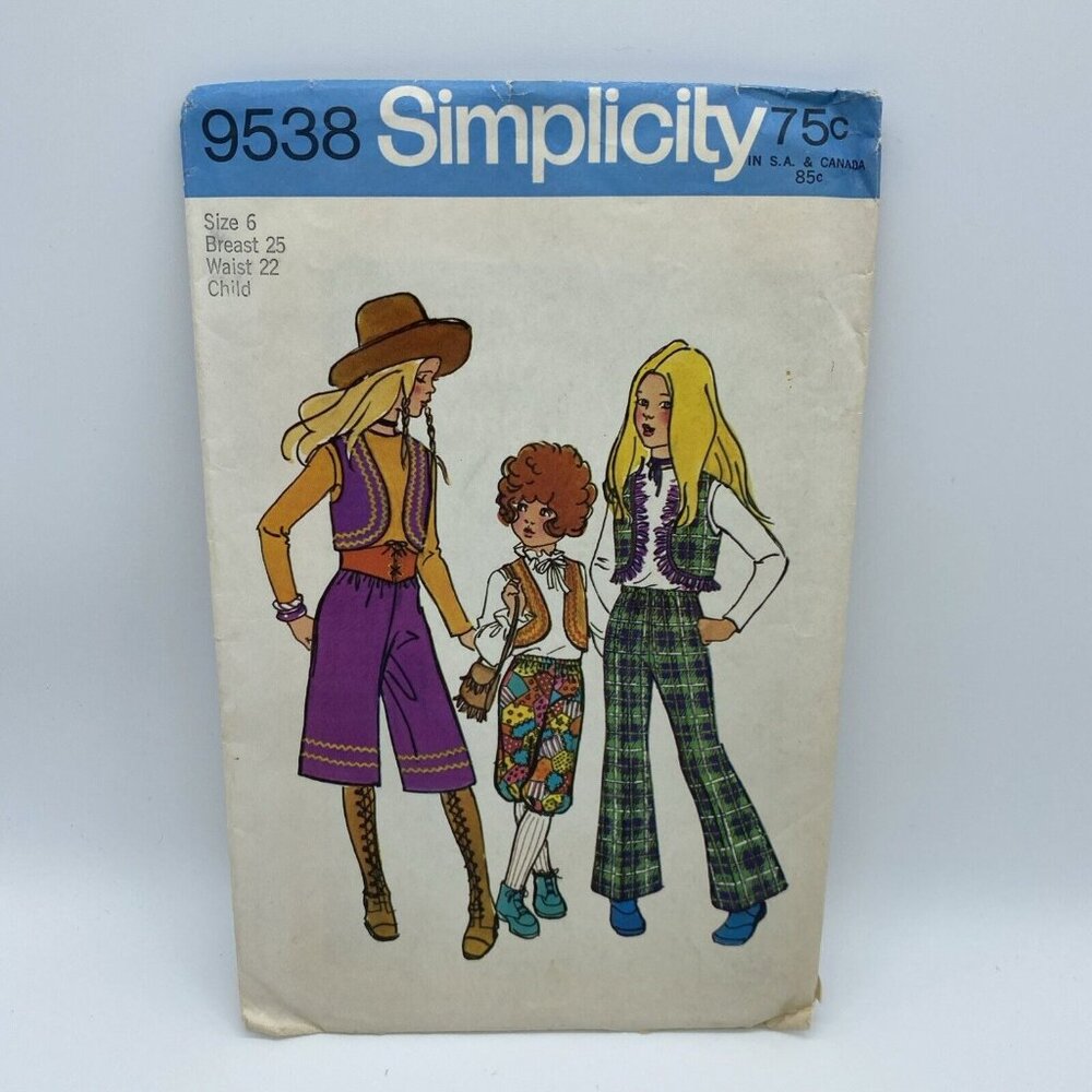 Simplicity 9538 Child Girl's Bolero Gaucho Pants Knickers Size 6 Vintage Cut